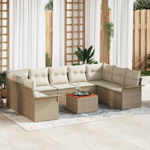 vidaXL 10-delige tuinsofa set met kussens in beige van poly riet en acacia