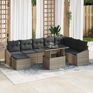vidaXL Tuin Sofa Set 9 pcs Grijs Poly Rattan en Poedergecoat Staal