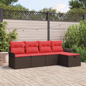 vidaXL Tuin Sofa Set met kussen 5 pcs Bruin en Rood poly rattan