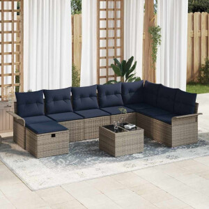 vidaXL Tuin Sofa Set met kussen 9 pcs Grijs en Marineblauw poly rattan