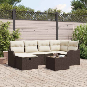vidaXL Tuin Sofa Set met kussen 7 pcs Bruin en crème Poly riet