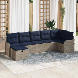 vidaXL Bankstel met kussen met opslag Grijs en Marineblauw poly rattan