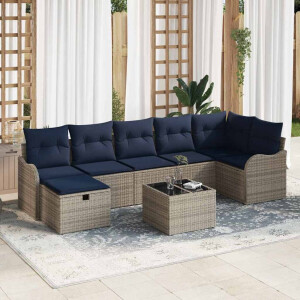 vidaXL Bankstel met kussen met opslag Grijs en Marineblauw poly rattan