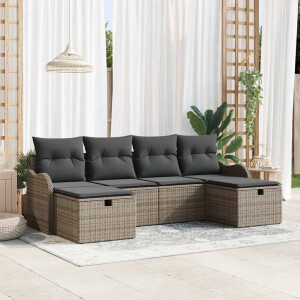 vidaXL Bankstel met kussen met opslag 6 pcs Grijs poly rattan