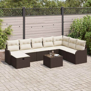 vidaXL Bankstel met kussen met opslag 9 pcs Bruin en Crème poly rattan