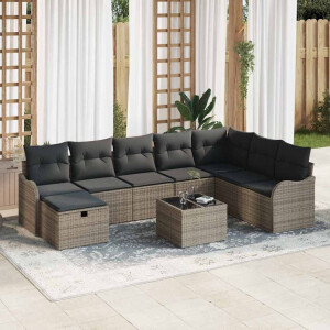 vidaXL Bankstel met kussen met opslag 9 pcs Grijs poly rattan