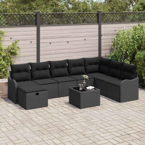 vidaXL Bankstel met kussen met opslag Zwart poly rattan