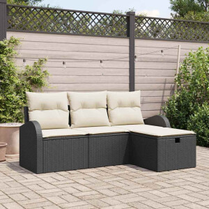 vidaXL Bankstel met kussen met opslag 4 pcs Zwart en Crème poly rattan