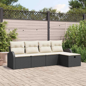 vidaXL Bankstel met kussen met opslag 5 pcs Zwart en Crème poly rattan