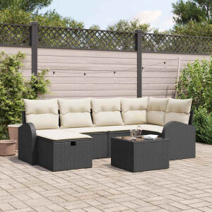 vidaXL Bankstel met kussen met opslag 7 pcs Zwart en Crème poly rattan