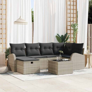 vidaXL Bankstel met kussen met opslag 7 pcs Lichtgrijs poly rattan