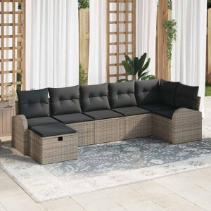 vidaXL Bankstel met kussen met opslag 7 pcs Grijs poly rattan