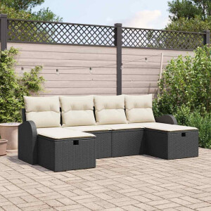 vidaXL Bankstel met kussen met opslag 6 pcs Zwart en Crème poly rattan