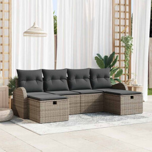 vidaXL Bankstel met kussen met opslag 6 pcs Grijs poly rattan