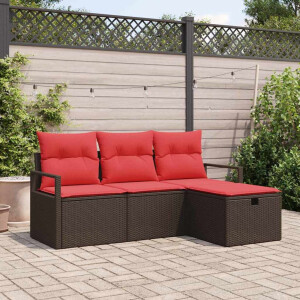 vidaXL Bankstel met kussen met opslag 4 pcs Bruin en Rood poly rattan