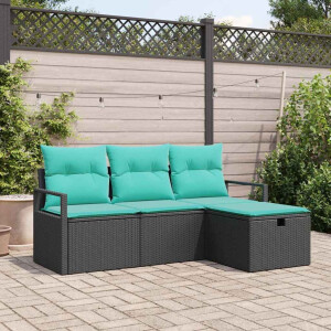 vidaXL Bankstel met kussen 4 pcs Zwart en Turquoise poly rattan