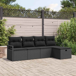 vidaXL Bankstel met kussen met opslag 5 pcs Zwart poly rattan