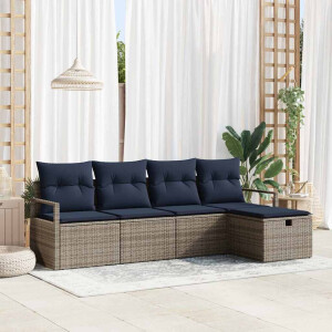 vidaXL Bankstel met kussen 5 pcs Grijs en Marineblauw poly rattan