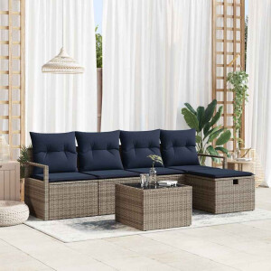 vidaXL Bankstel met kussen met opslag Grijs en Marineblauw poly rattan