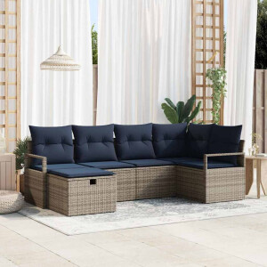 vidaXL Bankstel met kussen met opslag Grijs en Marineblauw poly rattan