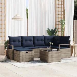 vidaXL Bankstel met kussen met opslag Grijs en Marineblauw poly rattan