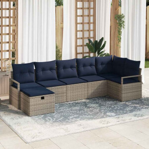 vidaXL Bankstel met kussen 7 pcs Grijs en Marineblauw poly rattan