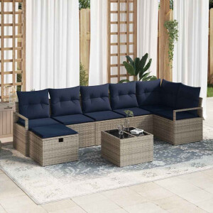 vidaXL Bankstel met kussen 8 pcs Grijs en Marineblauw poly rattan
