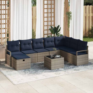 vidaXL Bankstel met kussen met opslag 9 pcs Grijs poly rattan
