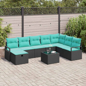 vidaXL Bankstel met kussen met opslag 9 pcs Zwart poly rattan