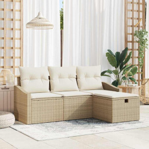 vidaXL Bankstel met kussen met opslag 4 pcs Beige poly rattan