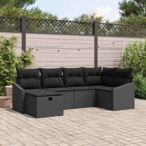 vidaXL Bankstel met kussen met opslag 6 pcs Zwart poly rattan