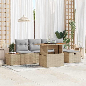 vidaXL Tuin Sofa Set met kussen met opslag 6 pcs Beige Poly riet