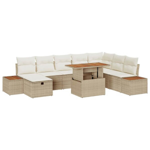 vidaXL Bankstel met kussen met opslag 9 pcs Beige poly rattan