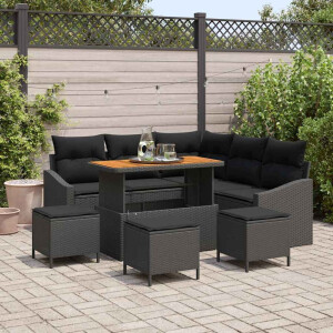 vidaXL Tuin Sofa Set met kussen 9 pcs Zwart Poly riet