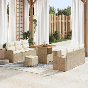 vidaXL 9-delige loungeset met kussens in beige van poly rattan en acacia