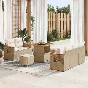 vidaXL 8-delige tuinbank set met kussens in Beige van Poly Rattan en Acacia