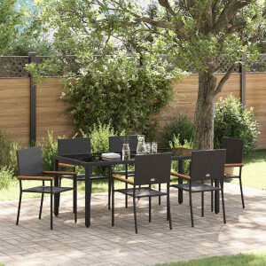 vidaXL Tuin eettafelset 7 pcs Zwart poly rattan