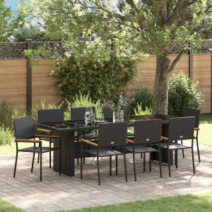 vidaXL Tuin eettafelset 9 pcs Zwart poly rattan