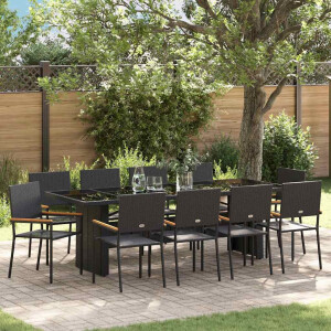 vidaXL Tuin eettafelset 11 pcs Zwart poly rattan