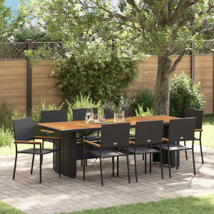 vidaXL Tuin eettafelset 9 pcs Zwart poly rattan