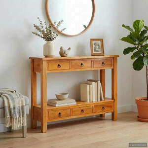 vidaXL Wandtafel met lade Naturel 115 x 32 x 76 cm Massief Mahoniehout