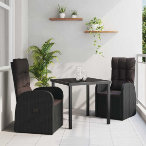 vidaXL Tuin eettafelset met kussen 3 pcs Zwart poly rattan