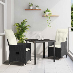 vidaXL Tuin eettafelset met kussen 3 pcs Zwart poly rattan