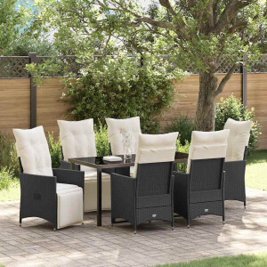 vidaXL Tuin eettafelset met kussen 7 pcs Zwart poly rattan