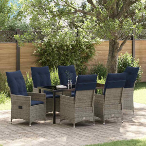 vidaXL Tafel en stoelen set met kussen 7 pcs Grijs PE Rattan