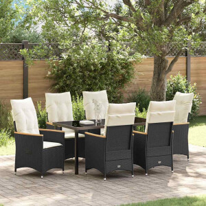 vidaXL Tuin eettafelset met kussen 7 pcs Zwart poly rattan