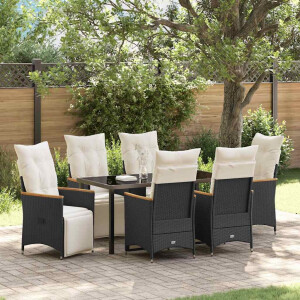 vidaXL Tuin eettafelset met kussen 7 pcs Zwart poly rattan