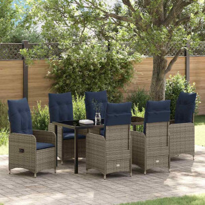 vidaXL Tuin eettafelset met kussen 7 pcs Zwart poly rattan