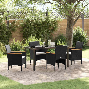 vidaXL Tuin eettafelset met kussen 5 pcs Zwart poly rattan