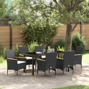 vidaXL Tuin eettafelset met kussen 7 pcs Zwart poly rattan
